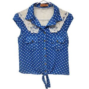 2awary Vintage‎ Junior Womens Blue Poka Dot Lace Crop Top Size Small #I75WC